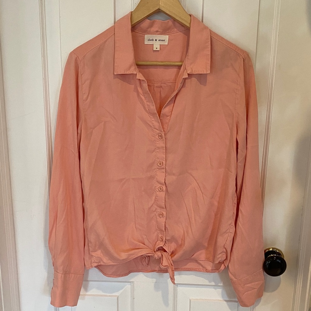 Anthropologie Cloth & Stone Coral Pink Button-Down Shirt Tie Front Feminine